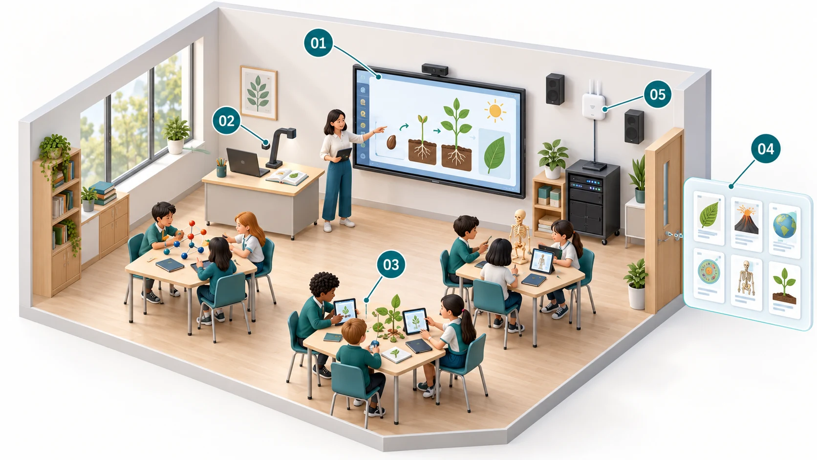 Sơ đồ lớp học thông minh minh họa: màn hình tương tác, máy tính và camera vật thể, học sinh học nhóm, học liệu số, mạng và âm thanh.
