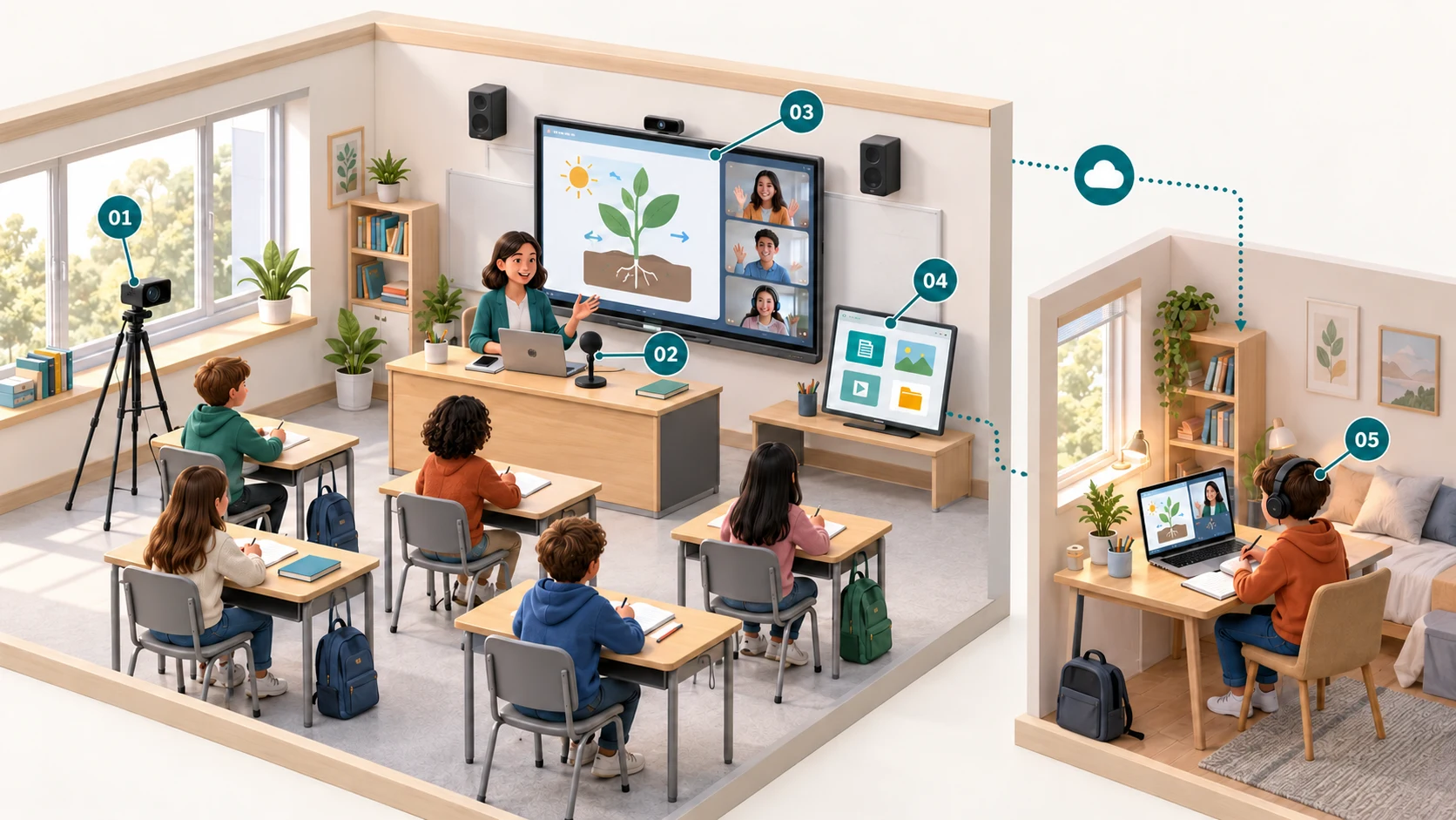Sơ đồ lớp học kết hợp minh họa giáo viên và học sinh tại phòng, camera thu hình, micro và loa, màn hình bài giảng, nền tảng học liệu cùng người học kết nối từ xa.