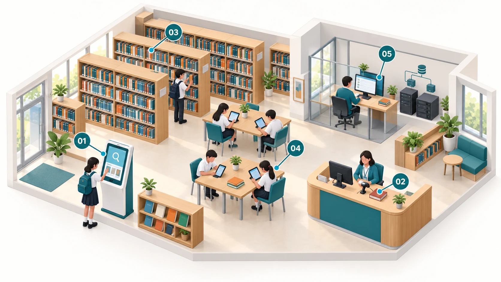Sơ đồ thư viện thông minh minh họa: điểm tra cứu OPAC, quầy mượn trả bằng mã vạch, kệ sách, khu học liệu số và quản trị dữ liệu.