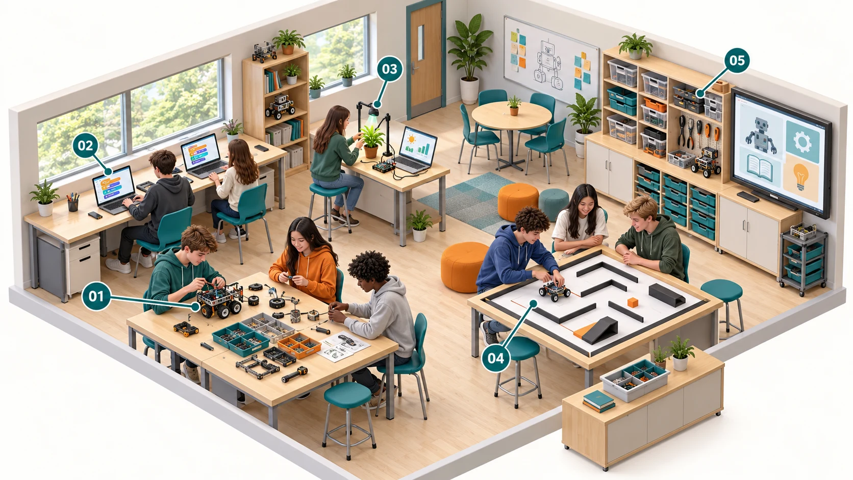 Sơ đồ không gian STEM & Robotics minh họa bộ robot lắp ráp, máy tính lập trình, cảm biến thực nghiệm, bàn làm việc nhóm, vùng chạy thử và tủ học liệu, dụng cụ.